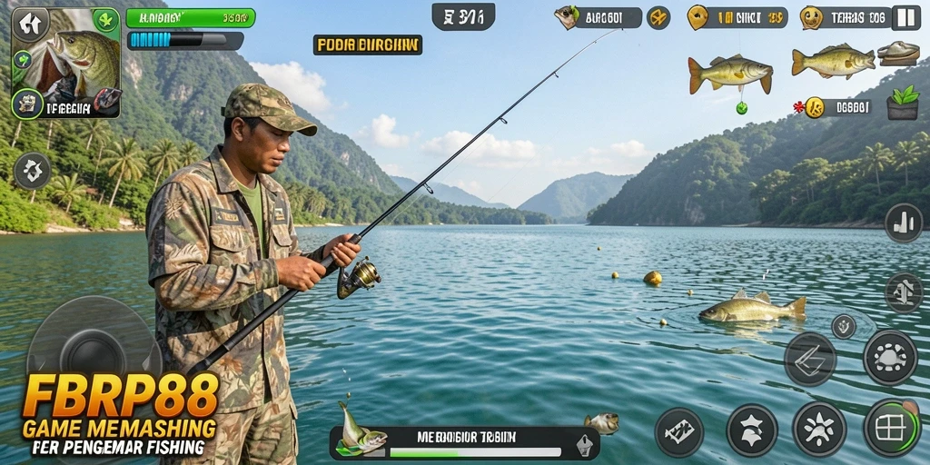 Screenshot gameplay FBRP88 dengan aksi menangkap ikan yang seru.