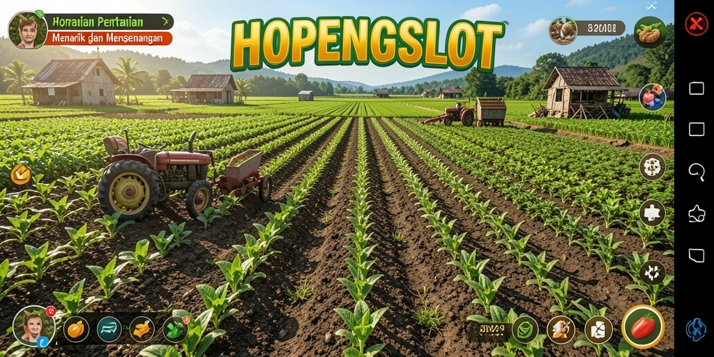 Tampilan gameplay HOPENGSLOT menunjukkan ladang pertanian yang subur dan warna-warni.