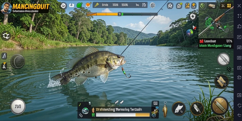 Screenshot gameplay MANCINGDUIT menampilkan aksi memancing yang mendebarkan.