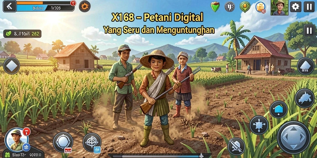 Screenshot gameplay menunjukkan ladang kaya tanaman dan aktivitas petani.